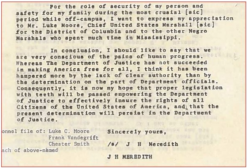 Portion of 1963 copied letter from James Meredith, thanking the deputies and the Department of Justice.